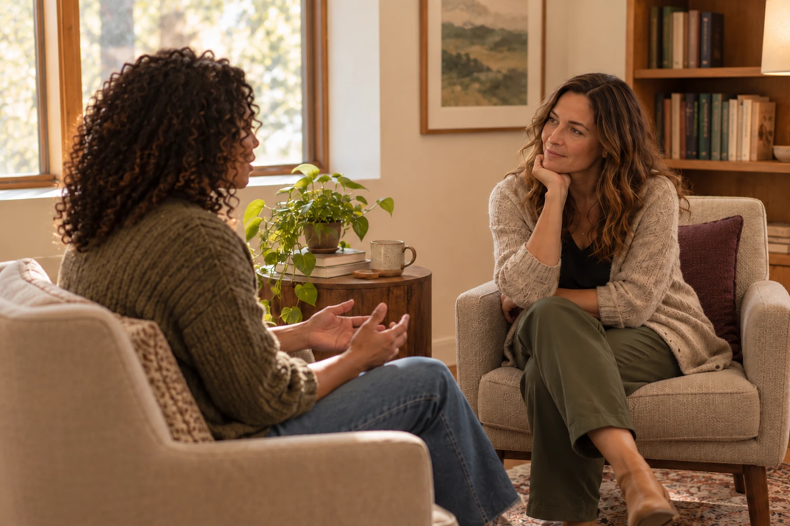 Two people in conversation in a practice consulting room